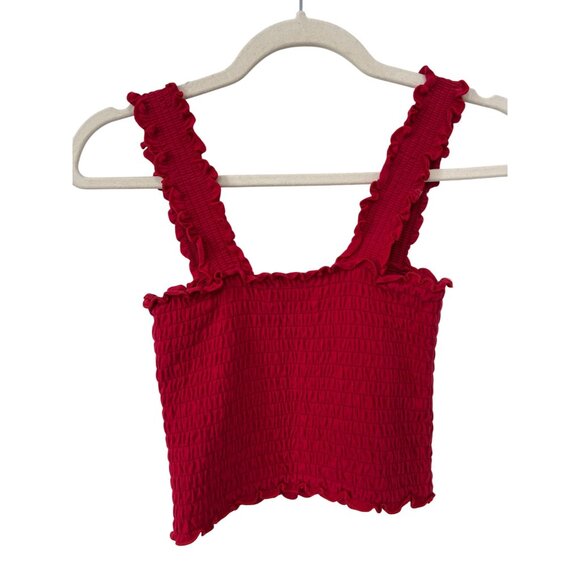 Hollister Smocked Crop Top Size Small Red Ruffled Straps Ruched Beach Surf - Picture 2 of 10